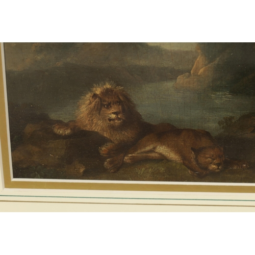 840 - CHARLES TOWNE (1763-1840) A LATE 18TH / EARLY 19TH CENTURY OIL ON OAK PANEL Lions resting in a mount... 