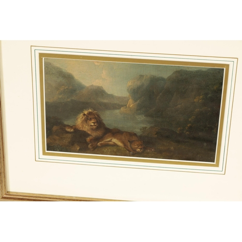 840 - CHARLES TOWNE (1763-1840) A LATE 18TH / EARLY 19TH CENTURY OIL ON OAK PANEL Lions resting in a mount... 