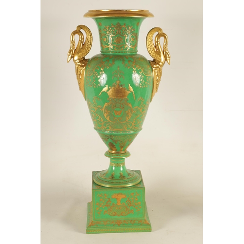 85 - A FINE 19TH CENTURY PARIS PORCELAIN GREEN AND GILT PEDESTAL VASE OF LARGE SIZE the panelled fronts w... 