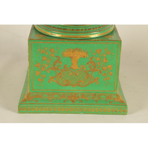 85 - A FINE 19TH CENTURY PARIS PORCELAIN GREEN AND GILT PEDESTAL VASE OF LARGE SIZE the panelled fronts w... 