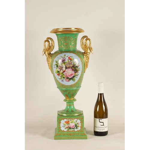 85 - A FINE 19TH CENTURY PARIS PORCELAIN GREEN AND GILT PEDESTAL VASE OF LARGE SIZE the panelled fronts w... 