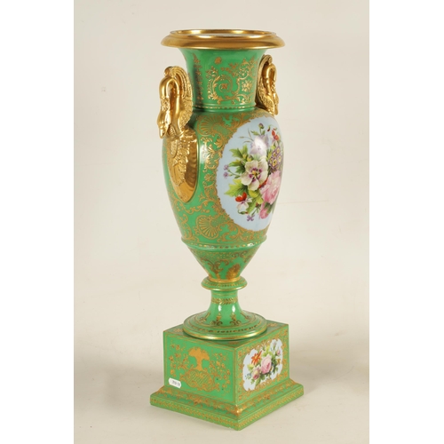 85 - A FINE 19TH CENTURY PARIS PORCELAIN GREEN AND GILT PEDESTAL VASE OF LARGE SIZE the panelled fronts w... 