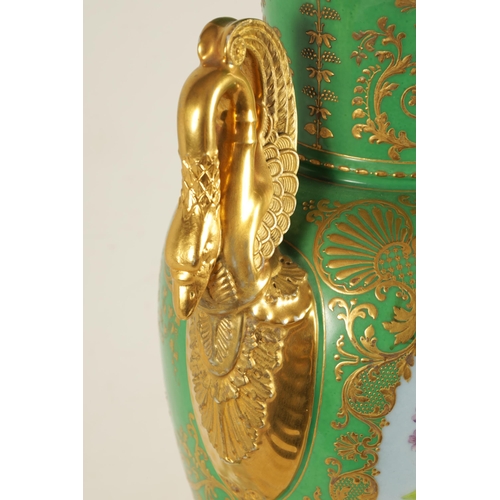 85 - A FINE 19TH CENTURY PARIS PORCELAIN GREEN AND GILT PEDESTAL VASE OF LARGE SIZE the panelled fronts w... 