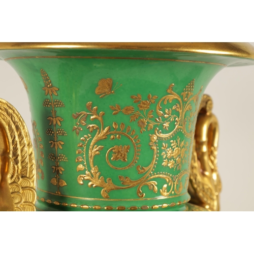 85 - A FINE 19TH CENTURY PARIS PORCELAIN GREEN AND GILT PEDESTAL VASE OF LARGE SIZE the panelled fronts w... 