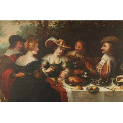 851 - ATT. TO CHRISTOFFEL JACOBSZ A 17TH CENTURY OIL ON CANVAS DEPICTING FIGURES DINING IN A LANDSCAPE SET... 