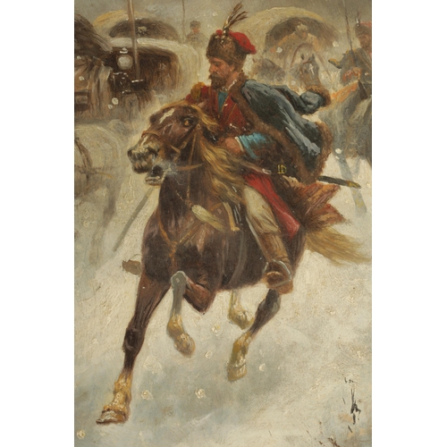 859 - BAUMGARTNER-STOILOV, KONSTANTIN (1850Ð1924). OIL ON WOODEN PANEL. Russian Cossacks on the march, sig... 