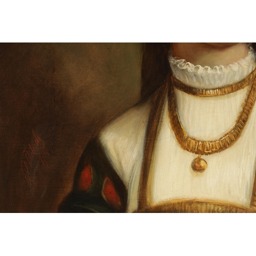 863 - A 19TH CENTURY PORTRAIT OIL ON CANVAS. Young woman in period dress, signed - in decorative gilt moul... 