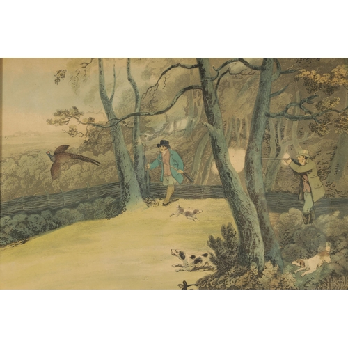 869 - A SET OF FOUR REGENCY SPORTING AQUATINTS Classical dressed gentlemen shooting in a woodland setting ... 