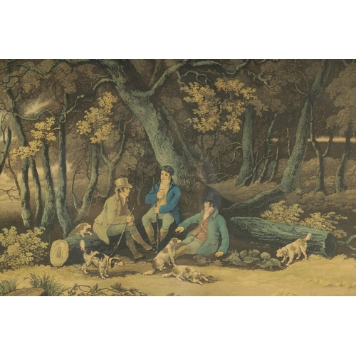 869 - A SET OF FOUR REGENCY SPORTING AQUATINTS Classical dressed gentlemen shooting in a woodland setting ... 