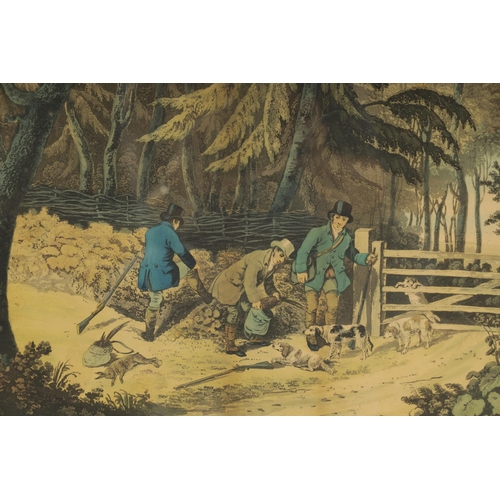 869 - A SET OF FOUR REGENCY SPORTING AQUATINTS Classical dressed gentlemen shooting in a woodland setting ... 