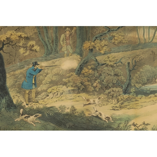 869 - A SET OF FOUR REGENCY SPORTING AQUATINTS Classical dressed gentlemen shooting in a woodland setting ... 