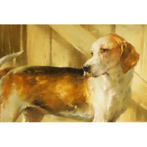 870 - JOSEPH H. SULKOWSKI (b. 1951) LARGE OIL ON CANVAS. English foxhound with puppies, signed lower left,... 