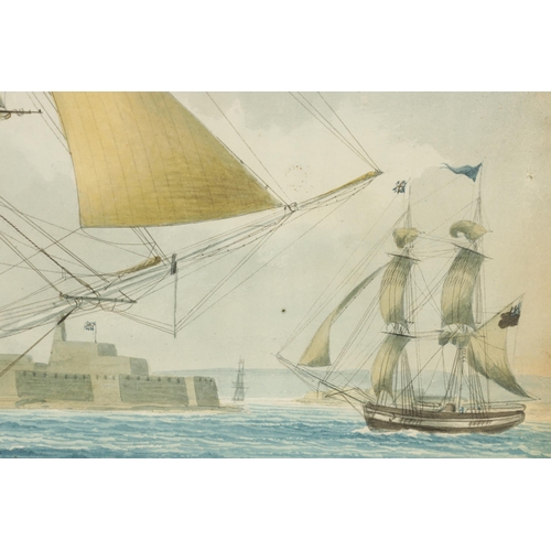 875 - A 19TH CENTURY MALTESE MARITIME WATERCOLOUR titled 'Brig Economy Thomas Waddom Commander 1819' with ... 