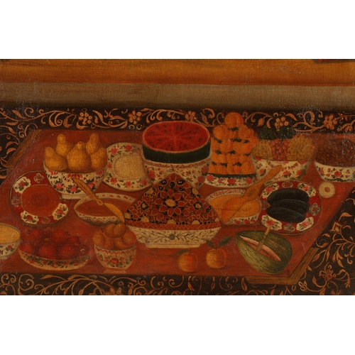 876 - A 19TH CENTURY QUJAR PERSIAN OIL ON CANVAS Still life depicting fruit in a palace garden below a cre... 