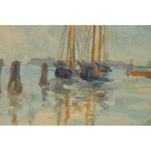 878 - EVERT PIETERS (1856-1932), AN EARLY 20TH CENTURY IMPRESSIONIST OIL ON CANVAS depicting a harbour sce... 