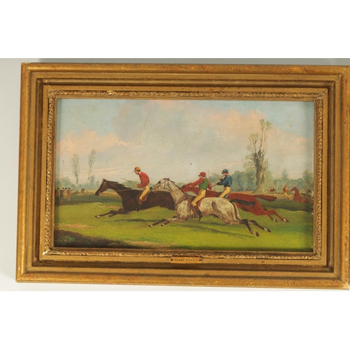 879 - ATT. HENRY THOMAS ALKEN (1785-1851) PAIR OF OILS ON WOOD PANELS. Horse racing, old labels on reverse... 