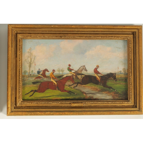 879 - ATT. HENRY THOMAS ALKEN (1785-1851) PAIR OF OILS ON WOOD PANELS. Horse racing, old labels on reverse... 