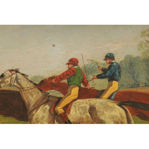 879 - ATT. HENRY THOMAS ALKEN (1785-1851) PAIR OF OILS ON WOOD PANELS. Horse racing, old labels on reverse... 