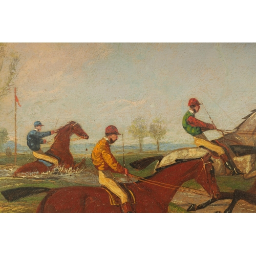 879 - ATT. HENRY THOMAS ALKEN (1785-1851) PAIR OF OILS ON WOOD PANELS. Horse racing, old labels on reverse... 