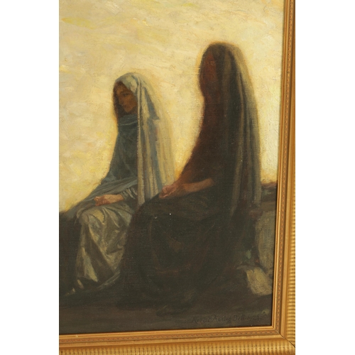 886 - ROBERT ANNING BELL, R.A. (1863 - 1933) OIL ON CANVAS depicting an abstract landscape with seated clo... 