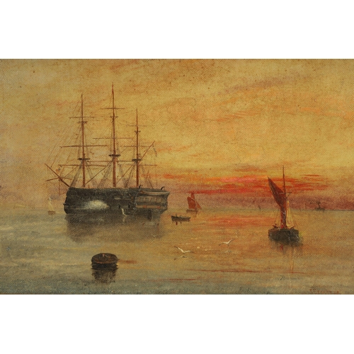 888 - J.M EDWARDS. A LATE 19TH CENTURY OIL ON CANVAS ÒTHE GUARD SHIPÓ seascape at dawn with gunship - sign... 