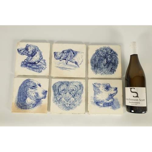 89 - A RARE SET OF SIX 19TH CENTURY WEDGWOOD BLUE AND WHITE TILES DEPICTING DOG PORTRAITS each stamped on... 