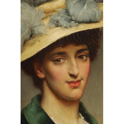 892 - A LATE 19TH CENTURY OIL ON CANVAS LAID ON OAK PANEL. Portrait of a young art nouveau lady - in oval ... 