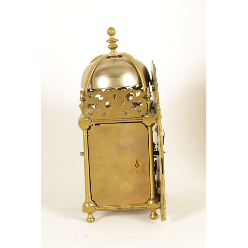 899 - AN 18TH CENTURY BRASS LANTERN CLOCK WITH LATER MOVEMENT the 12cm arched dial signed Chalklen, Canter... 