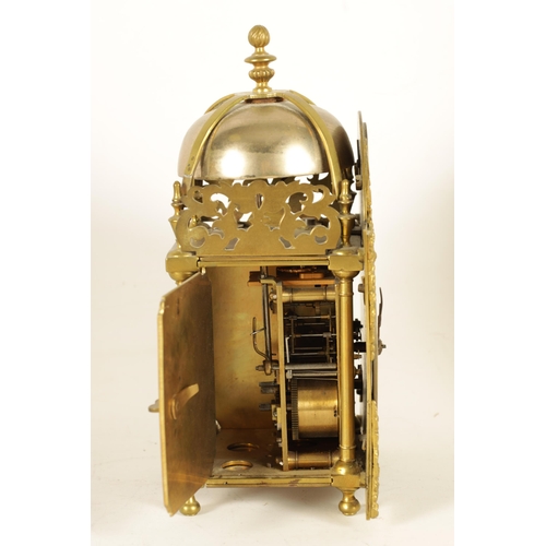 899 - AN 18TH CENTURY BRASS LANTERN CLOCK WITH LATER MOVEMENT the 12cm arched dial signed Chalklen, Canter... 