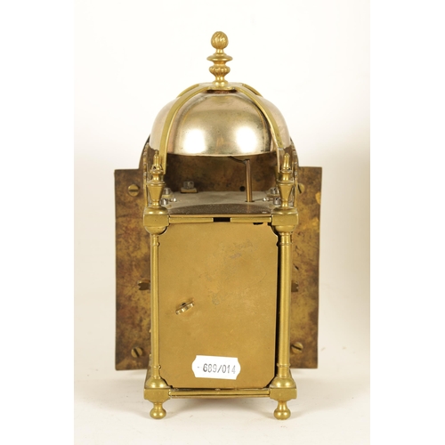 899 - AN 18TH CENTURY BRASS LANTERN CLOCK WITH LATER MOVEMENT the 12cm arched dial signed Chalklen, Canter... 