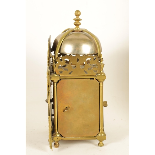 899 - AN 18TH CENTURY BRASS LANTERN CLOCK WITH LATER MOVEMENT the 12cm arched dial signed Chalklen, Canter... 