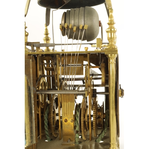 904 - AN 18TH CENTURY BRASS QUARTER STRIKING SINGLE HANDED VERGE LANTERN CLOCK the engraved Roman chapter ... 