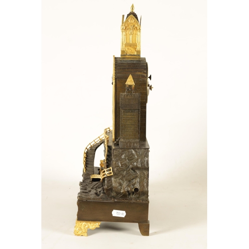 908 - A MID 19TH CENTURY FRENCH BRONZE AND ORMOLU AUTOMATION MANTEL CLOCK of gothic form with clock tower ... 