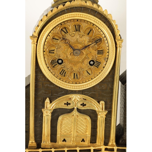 908 - A MID 19TH CENTURY FRENCH BRONZE AND ORMOLU AUTOMATION MANTEL CLOCK of gothic form with clock tower ... 