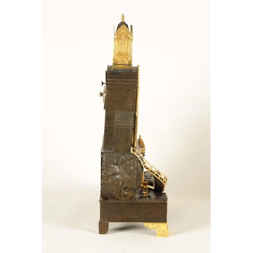 908 - A MID 19TH CENTURY FRENCH BRONZE AND ORMOLU AUTOMATION MANTEL CLOCK of gothic form with clock tower ... 