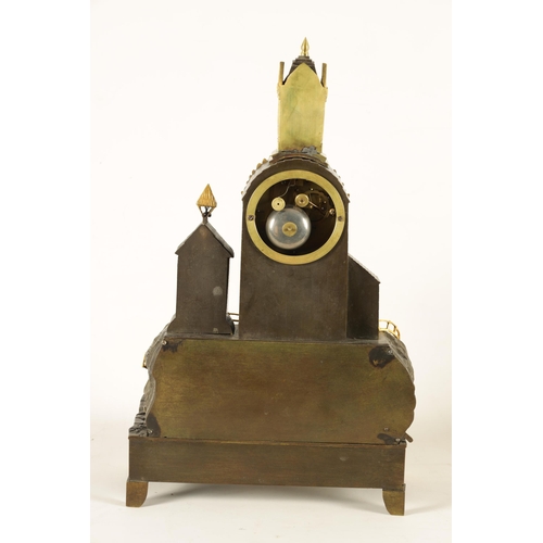 908 - A MID 19TH CENTURY FRENCH BRONZE AND ORMOLU AUTOMATION MANTEL CLOCK of gothic form with clock tower ... 