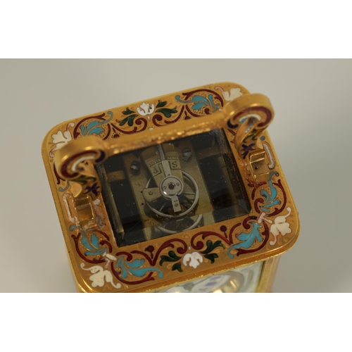 911 - A FINE LATE 19TH CENTURY FRENCH GILT BRASS AND CHAMPLEVE ENAMEL SMALL CARRIAGE CLOCK WITH LIMOGES EN... 