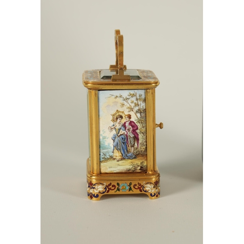 911 - A FINE LATE 19TH CENTURY FRENCH GILT BRASS AND CHAMPLEVE ENAMEL SMALL CARRIAGE CLOCK WITH LIMOGES EN... 