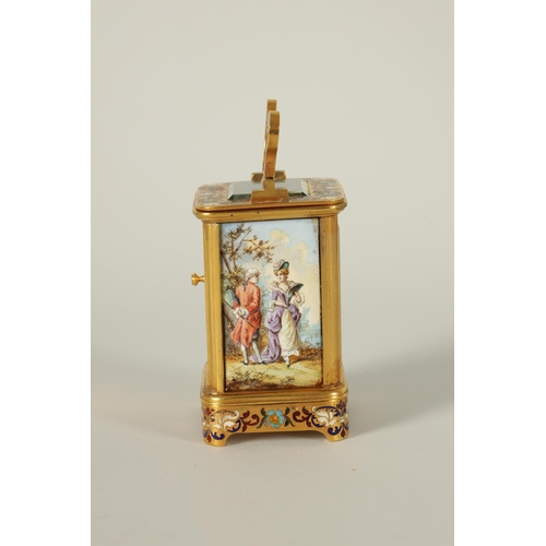 911 - A FINE LATE 19TH CENTURY FRENCH GILT BRASS AND CHAMPLEVE ENAMEL SMALL CARRIAGE CLOCK WITH LIMOGES EN... 