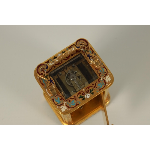 911 - A FINE LATE 19TH CENTURY FRENCH GILT BRASS AND CHAMPLEVE ENAMEL SMALL CARRIAGE CLOCK WITH LIMOGES EN... 