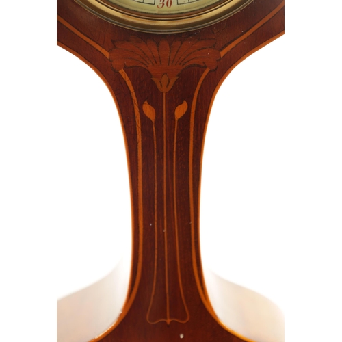 918 - AN EDWARDIAN ART NOUVEAU STYLE BOXWOOD STRUNG AND MAHOGANY INLAID MANTEL CLOCK the enamel Arabic dia... 