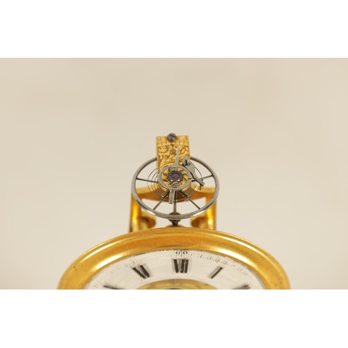 947 - A RARE 19TH CENTURY MINIATURE ENGLISH GILT BRASS SKELETON CLOCK the finely pierced frame supported o... 