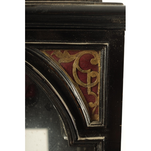 949 - AN 18TH CENTURY EBONISED BRACKET CLOCK CASE with folding brass carrying handle and inverted bell top... 