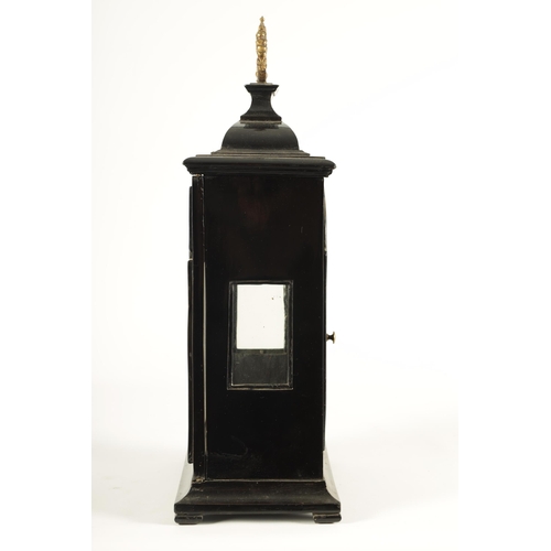 949 - AN 18TH CENTURY EBONISED BRACKET CLOCK CASE with folding brass carrying handle and inverted bell top... 