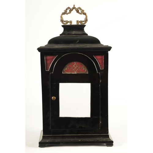 949 - AN 18TH CENTURY EBONISED BRACKET CLOCK CASE with folding brass carrying handle and inverted bell top... 