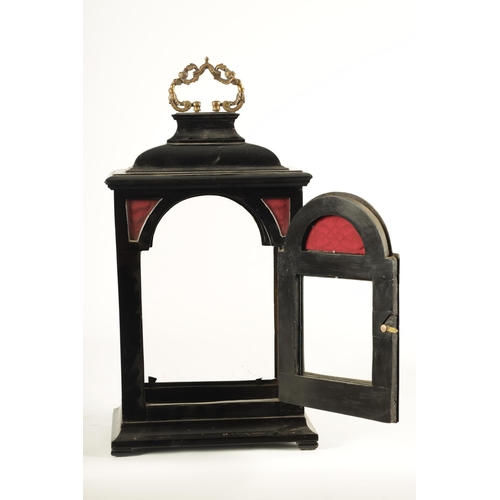 949 - AN 18TH CENTURY EBONISED BRACKET CLOCK CASE with folding brass carrying handle and inverted bell top... 