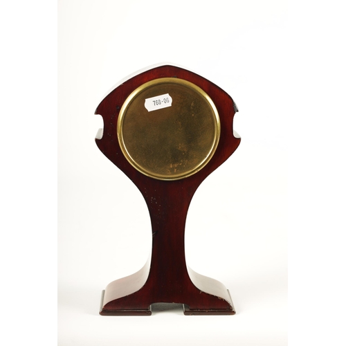 952 - AN EDWARDIAN ART NOUVEAU STYLE BOXWOOD STRUNG AND MAHOGANY INLAID MANTEL CLOCK the enamel Arabic dia... 