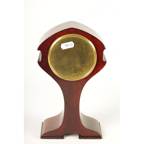 952 - AN EDWARDIAN ART NOUVEAU STYLE BOXWOOD STRUNG AND MAHOGANY INLAID MANTEL CLOCK the enamel Arabic dia... 