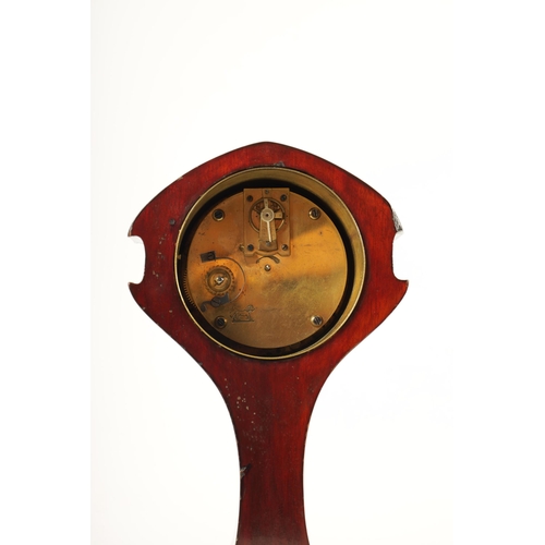 952 - AN EDWARDIAN ART NOUVEAU STYLE BOXWOOD STRUNG AND MAHOGANY INLAID MANTEL CLOCK the enamel Arabic dia... 