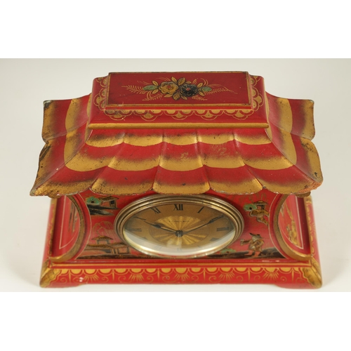 957 - A LATE 19TH CENTURY CHINESE STYLE SCARLET LACQUER CHINOISERIE DECORATED MANTEL CLOCK the pagoda shap... 